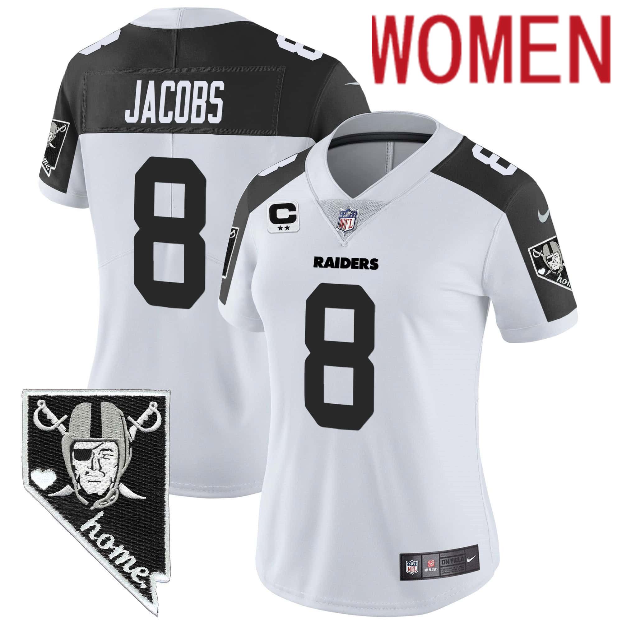 Women Oakland Raiders #8 Jacobs White 2024 Nike Nevada Home Patch Vapor NFL Jersey style 1->women nfl jersey->Women Jersey